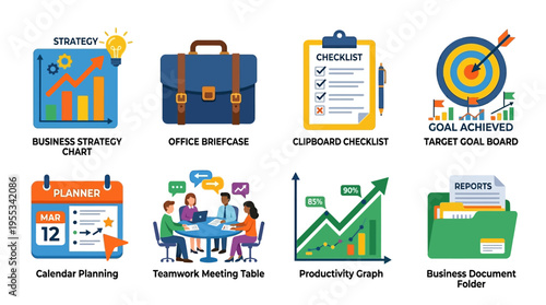Business strategy vector illustration with office supplies and teamwork meeting table on a desk with a clipboard checklist and calendar planning tools to achieve target goals.