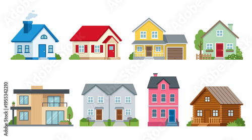 A vector illustration of various colorful houses and buildings in a row on a white background with green bushes.