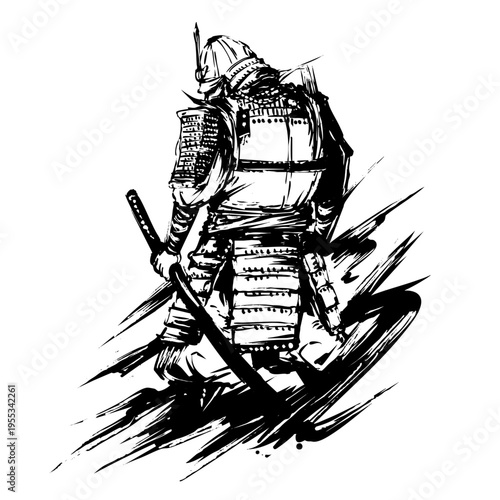 侍の後ろ姿の墨絵イラスト