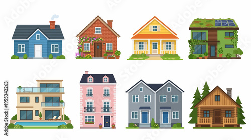 A vector illustration of various colorful houses and buildings in a suburban neighborhood scene with trees and greenery.