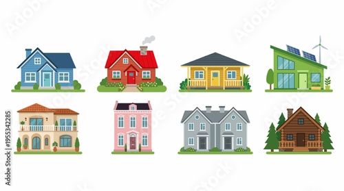 Vector illustration of various colorful houses and buildings in a landscape vector scene with trees and greenery.