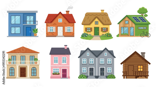 A vector illustration of various colorful houses and buildings in a row on a white background for architecture and design.