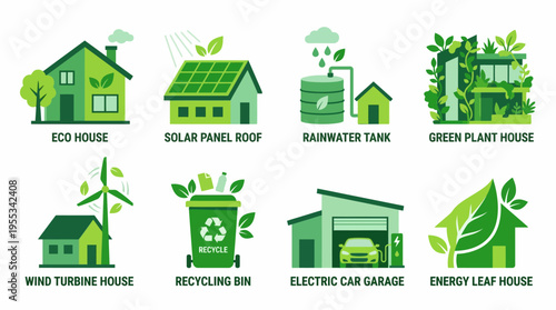 Eco-friendly vector icons of sustainable living concepts including house with solar panel roof and green plant house
