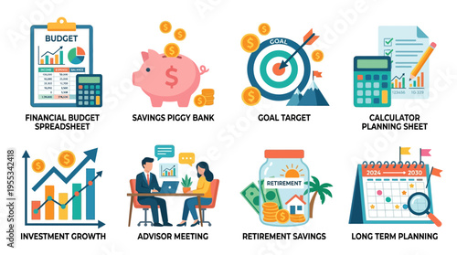 Vector illustration of people working on financial planning with piggy bank and calculator on desk in office