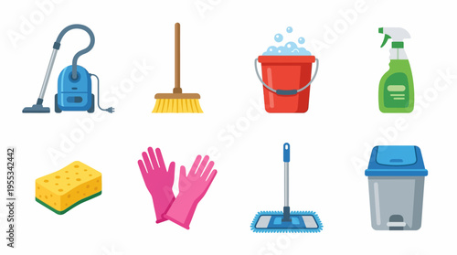 Cleaning tools vector illustration with household items on a surface