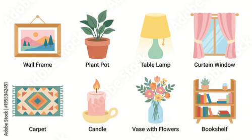 A vector illustration of a cozy living room with a wall frame, plant pot, table lamp, and curtain window, featuring a carpet, candle, vase with flowers, and bookshelf.
