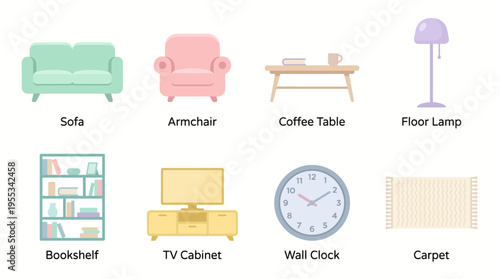 A vector illustration of a cozy living room with sofa, armchair, coffee table, and floor lamp on a carpet, featuring bookshelf, TV cabinet, and wall clock.