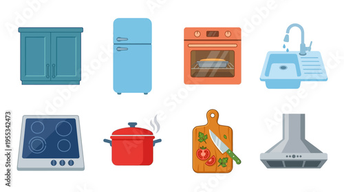 Vector illustration of kitchen essentials including a cabinet, refrigerator, oven, sink, stove, pot, cutting board, and hood in a modern vector style.