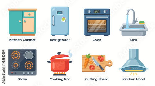 Vector illustration of a kitchen interior with various appliances and utensils on display