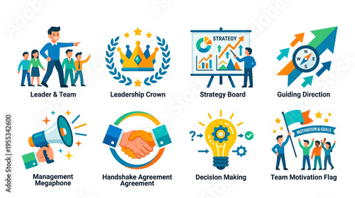 Business leaders and team members work together around a strategy board with a leadership crown vector guiding direction.