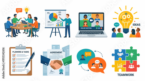 Business team discussing vector ideas on laptop and whiteboard in office