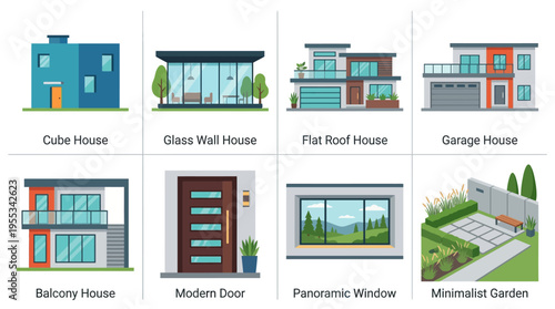Vector illustrations of modern houses with various architectural features and gardens