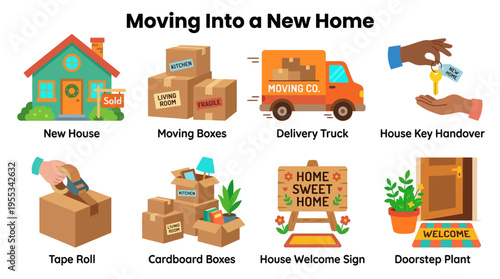A vector graphic illustrates moving into a new home with various objects.