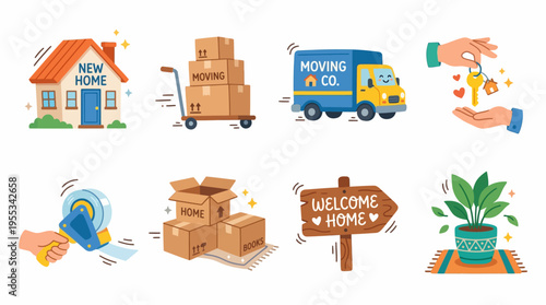 A vector illustration of a person moving into a new home with various household items and welcome signs in a suburban setting from a side view.