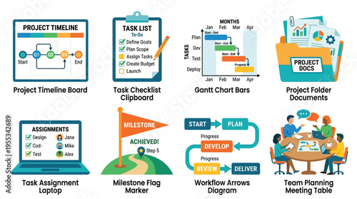 A vector graphic illustrating various business project management tools and timelines on a desk with computers and documents.