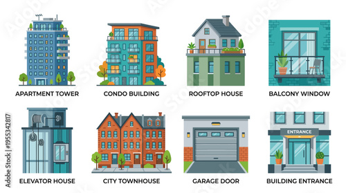 A vector illustration of various colorful city buildings including apartment tower, codo building, rooftop house, balcony window, elevator house, city townhouse, garage door, and building entrance.