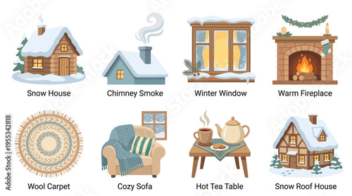 A vector illustration of a snow house with chimney smoke, winter window, warm fireplace, wool carpet, and cozy sofa with hot tea on a table.