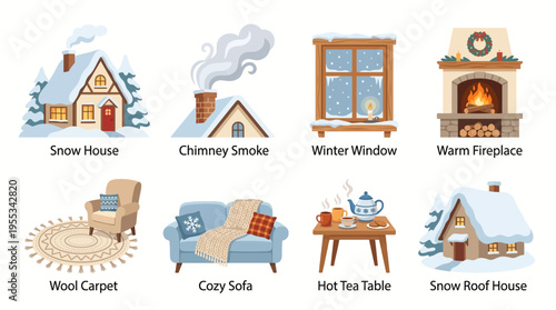 Cozy snow house with smoke rising from chimney and warm fireplace inside on a cold winter day with vector graphics of sofa and hot tea on table