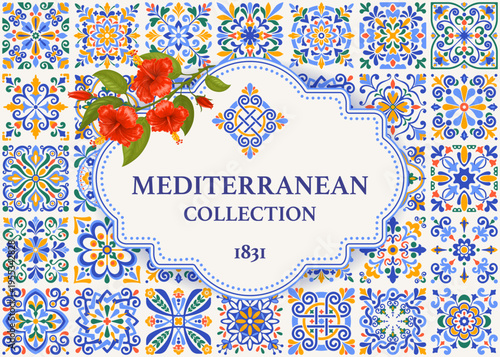 Photography Banner or label template with mediterranean mosaic tile pattern, classic blue, ocher yellow, green colors, red hibiscus flower on branch