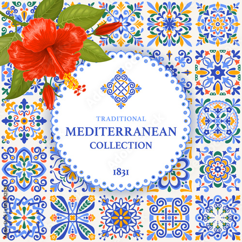 Konstfotografi Square banner or label template with mediterranean mosaic tile pattern, classic blue, ocher yellow, green colors, red hibiscus flower on branch