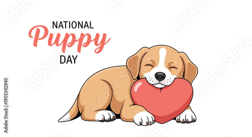 An adorable puppy lies down with a heart, celebrating National Puppy Day in a cute illustration with a sweet expression.