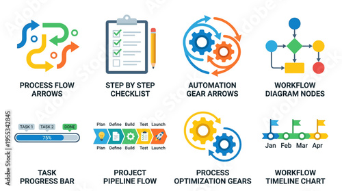 Business process optimization gears and workflow diagram nodes with vector automation arrows and timeline chart for project pipeline flow.