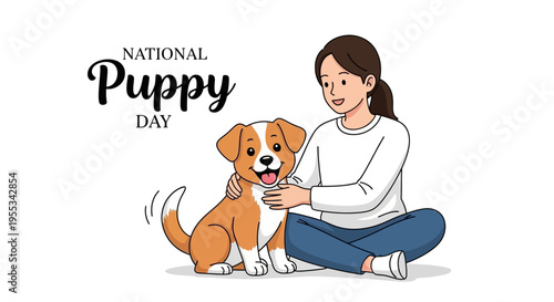 A woman sits cross-legged on the floor with a cute puppy on National Puppy Day, conveying a joyful and affectionate mood with a simple, illustrative style.