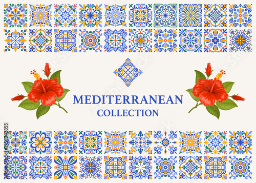 Banner or label template with Mediterranean mosaic tile pattern, classic blue, ocher yellow, green colors, red hibiscus flower on branch. Mediterranean background. Vector illustration