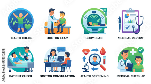 Medical vector illustrations of doctors examining patients in a modern hospital environment with various health check procedures.