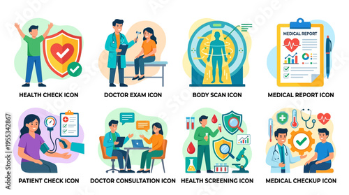 Vector illustrations of medical icons including health check, doctor consultation and medical report on a clipboard in a modern vector style.
