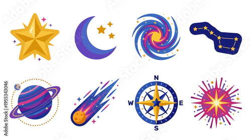 A vector illustration of celestial bodies including a star, moon, and planets with a swirling galaxy and compass in a night sky with a meteor.