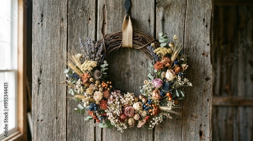 Rustic dry autumn floral wreath hanging on old wooden door