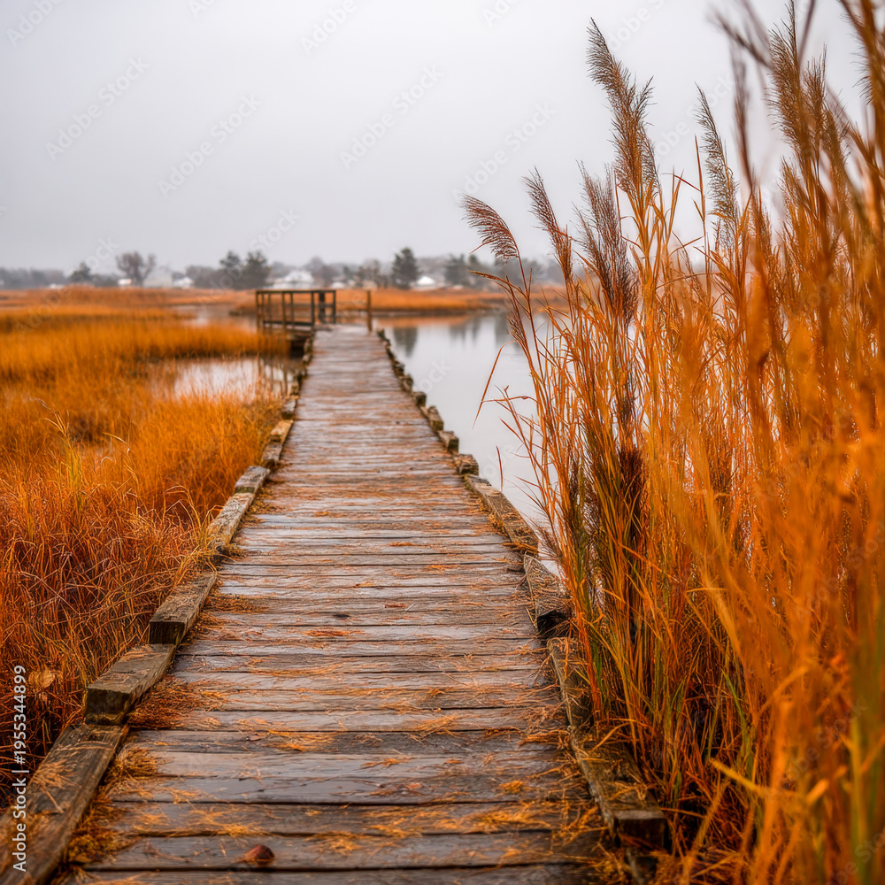 Obraz premium Leaf-strewn wooden boardwalk beside marsh grasses and still water, quiet autumn overcast scene