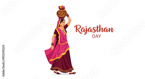 Illustration of a woman in traditional Rajasthani dress celebrating Rajasthan Day with a vibrant pink and maroon outfit.