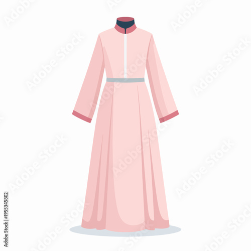Showcase of a flowing pink evening dress with high neckline, dark blue collar interior and white belt, illustrated in vector style from a front‑on catalog perspective on a plain backdrop