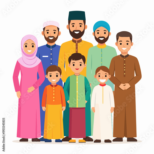 Warm family portrait showcasing traditional attire and unity of a Muslim household, captured from a frontal viewpoint in a bright studio setting emphasizing cultural tradition