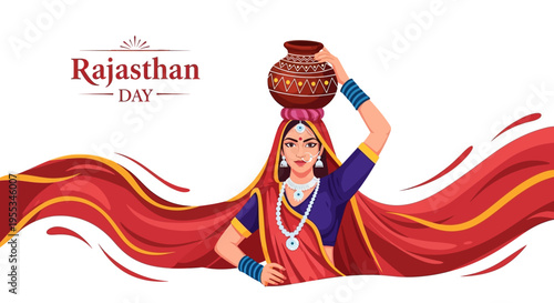 Illustration of a traditional Rajasthani woman in folk dress holding a pot on her head, celebrating Rajasthan Day with vibrant red fabric flowing around her, against a clean white