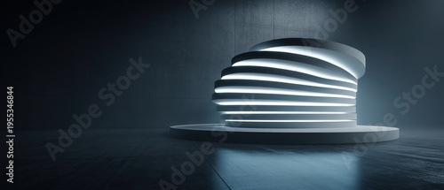 Futuristic wave emitter platform with layered circular panels projecting synchronized light pulses in modern studio