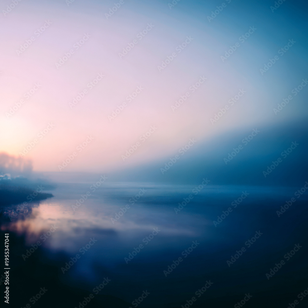 Obraz premium Small boat on calm misty lake with soft daylight and quiet shoreline backdrop