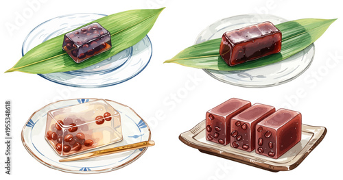 水ようかんと和菓子のセット｜水羊羹 小豆 寒天 夏の和スイーツ水彩風イラスト