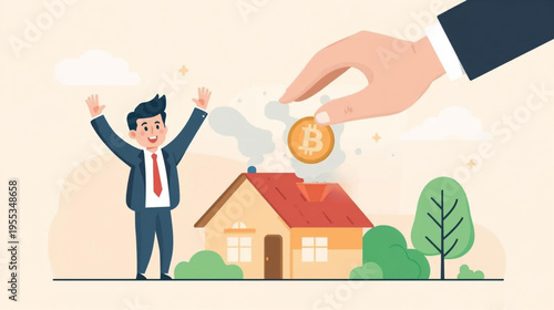 illustration of a man in a suit celebrating with arms raised beside a cozy house, as a giant hand drops a golden bitcoin into its chimney