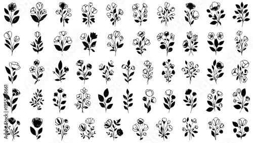 Collection of Hand Drawn Botanical Elements Vector Illustrations Featuring Various Simple Outline and Solid Black Flora Sprigs Ideal for Rustic Decoration Design Projects
