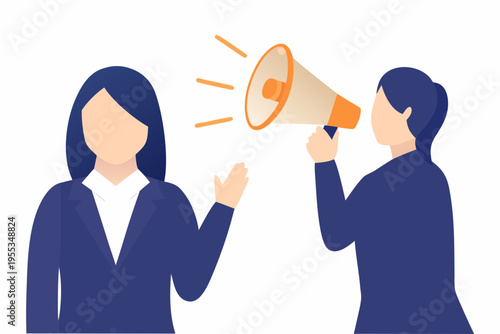 A woman speaks into a megaphone addressing another listening attentively