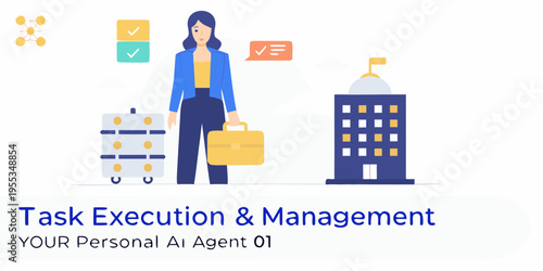 Businesswoman with luggage and cityscape representing task execution and ai