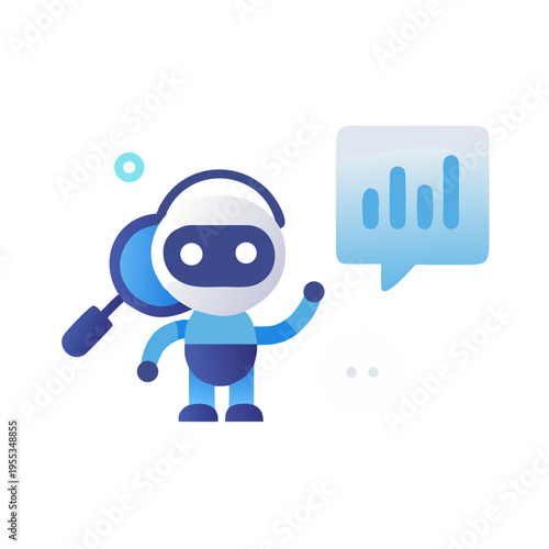 A friendly robot presenting data analysis with a speech bubble