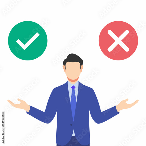 Man contemplates a decision between positive and negative options