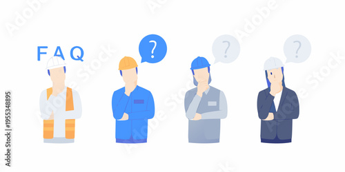 Construction workers with question bubbles for faq and support