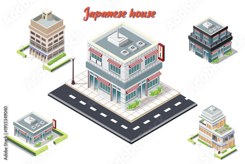Isometric set of various types of Japanese buildings. Vector illustration.