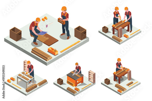 Isometric set of various types of carpenter activities in various activities. Vector illustration.