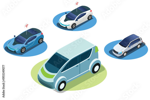 Isometric set of various types of EV cars in various models. Vector illustration.